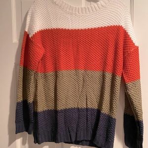 Striped Colorblock Knit Long-Sleeve Sweater - White/Coral/Tan/Navy